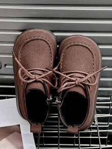 Girls' Simple Lace-Up Ankle Boots, Toddler Side Zipper Easy On/Off Casual Baby Shoes - Brown - View 3