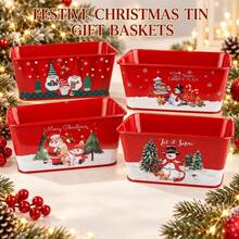 1pc Christmas Metal Planter Box, Red Rectangular Holiday Flower Pot With Snowman And Santa Claus Pattern, Decorative Plant Container For Christmas Table Centerpiece, Home Decor, Party And Gift Basket - Christmas Flower Pot - View 1