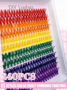 240 Peças Cílios Individuais em Aglomerados Coloridos Arco-Íris - Kit de Extensão de Cílios DIY, com 6 Tons Vibrantes. Projetado com Curva C, permite que você crie looks ousados e divertidos para os olhos diretamente em casa. Perfeito para maquiagem de palco, festas e Halloween. - D - Visão 7