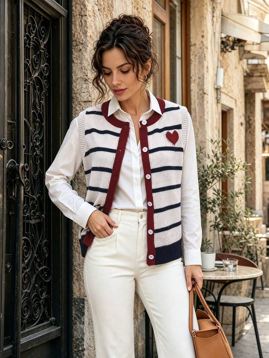 Women's Elegant Casual White Striped Heart Knit Button Front Sleeveless Vest Fall Round Neck Cardigan Sweater For Work Daily Wear - Off-white - View 1