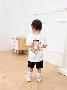 Infant Street Style T-Shirt, "Dormant In The Sun" Sun Print Short Sleeve Top, Soft, Suitable For Daily Play And Outdoor Activities - White - View 3