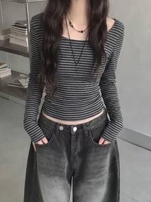 Striped Asymmetric Collar Slim Fit T-Shirt - Black and Gray - View 4