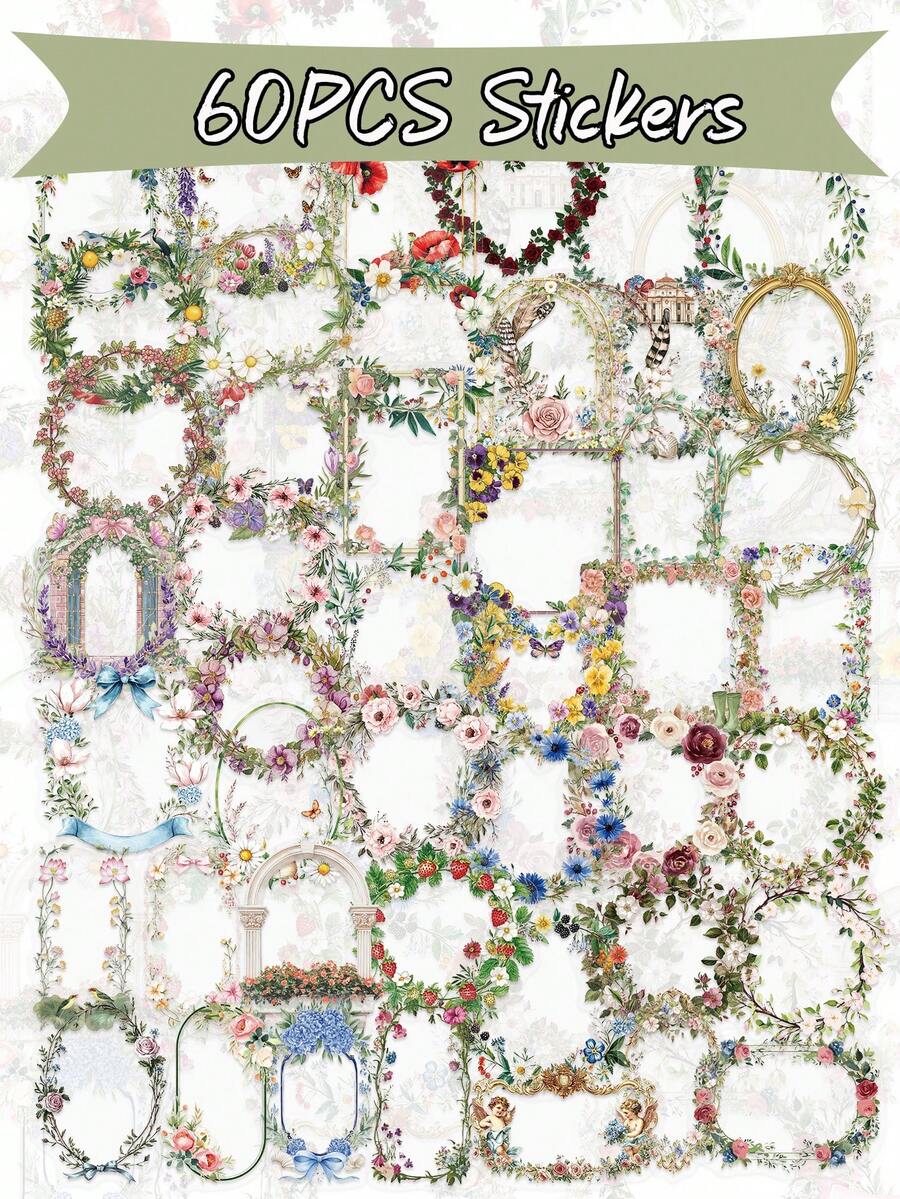 60pcs Transparent Floral Frame Stickers, Waterproof Aesthetic PET Floral Stickers, Suitable For Phone Case Cup Fridge Journal, Water Bottle, Scrapbook(Frame). - 1 Set - View 1