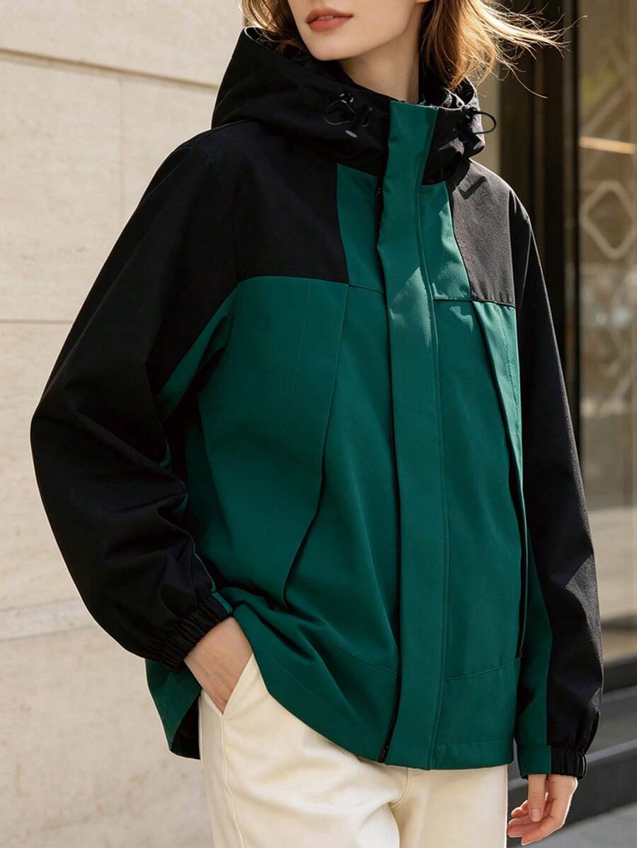 Women's Spring/Autumn Hooded Jacket Plus Size - Dark Green - View 1
