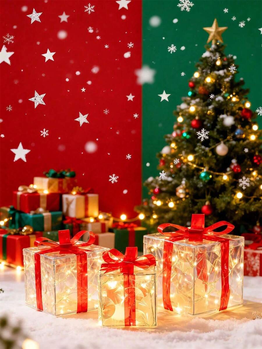 3pcs LED Warm Light With Red Bow Gift Box, Lighting Gift Box - LED Lighting Holiday Desktop Decoration, Birthday Gift Packaging, Valentine's Day Gift