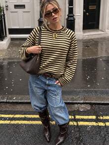 Women's Fall Winter Mock Neck Contrasting Colors Striped Long-Sleeve Loose Oversized Top Vintage Casual Coffee Dates Going Out Tops Halloween - Multicolor - View 8