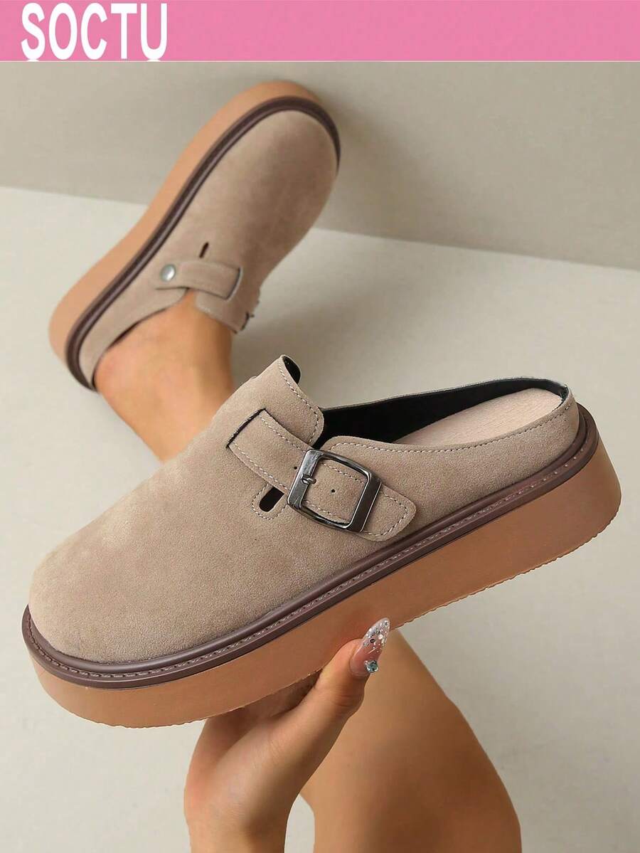 SOCTU Sepatu Mules Wanita Model Slip-On Kasual Modis dengan Sol Tebal dan Ujung Bulat Terbaru untuk Musim Semi.