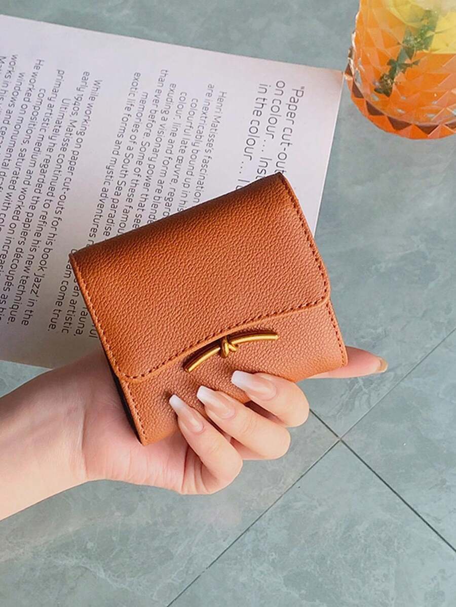Stylish Cognac Knot Wallet, Pebbled Leather Flap Card Holder, Mini Envelope Purse For Women - Brown - View 1