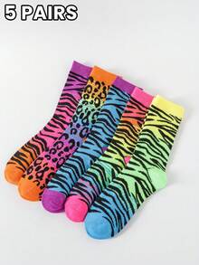 5/20 Pairs Fashion Colorful Gradient Leopard Print Striped Mid-Calf Socks, Unisex Knitted Long Socks, Autumn/Winter Warm Socks, Personalized Casual Socks - Multicolor - View 3