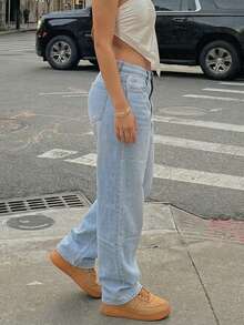 Women's Retro Loose Stacked Straight Denim Pants Casual Spring Fall - Light Wash - View 5