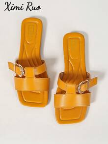 春夏新款女式時尚休閒單帶一字拖鞋，舒適平底低跟圓頭極簡戶外沙灘拖鞋，百搭裝飾平底涼鞋 - 黃色 - 查看 8