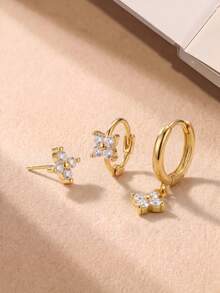 3pcs/Set Women's Lucky Zirconia Earrings Set, Light Luxury Minimalist Hoop & Stud Earrings, European & American Style Layered Earrings - Gold - View 5