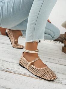 Hollow Woven Mesh Breathable Square Toe Mary Jane Flat One-Strap Retro Loafers - Champagne - View 4