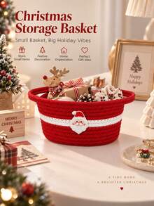 1pc Christmas Santa Rope Storage Basket For Home, Red & White Woven Organizer With Cute Santa Embroidery, Decorative Storage Bin With Handles For Bedroom, Kids Room, Living Room & Holiday Decor - Multicolor - View 6