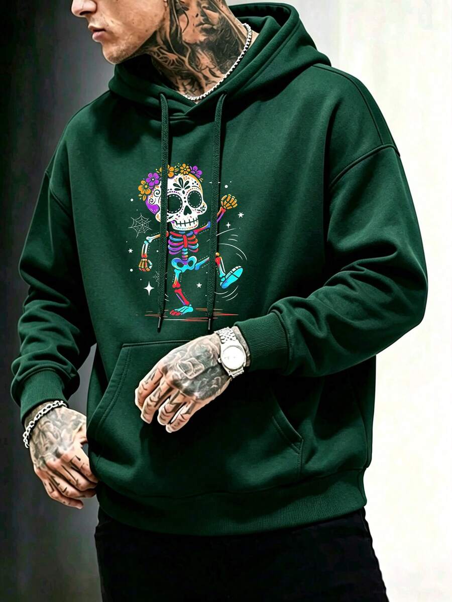 Sudadera con capucha hombre oversize hombros caídos, gráfico calavera mexicana flores coloridas, con bolsillo canguro, estilo Y2K streetwear, look casual para celebración día de muertos