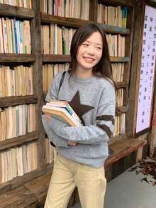 Sweater Wanita Kasual Longgar Motif Bintang dan Blok Warna untuk Pemakaian Sehari-hari dan di Rumah, Musim Gugur/Dingin - Grey - View 5
