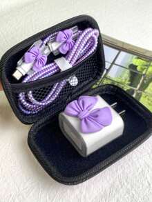 1 Set Girly Bow Protector Set, Soft Shell Anti-Drop Anti-Scratch Protective Case Extends Lifespan, Gentle Girly Ins Style Compatible With Iphone 18-20W Charger, Can Be Used As Birthday, Holiday Creative Small Gift - Purple Bow - View 4