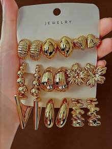 6/18PCS Women's Elegant Fashion Geometric Multi-Element Gold Metallic Earrings Set, Suitable For Party, Gift, Daily Wear, (Lightweight CCB Material, Non-Fading, No Ear Drooping Feeling) - Gold - View 8