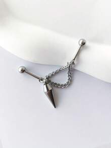 1Pc Double Chain Cone Pendant Floating Industrial Piercing Barbell Stainless Steel Earring Helix Piercing Ear Piercing Ear Stack Body Jewelry - Silver - View 5