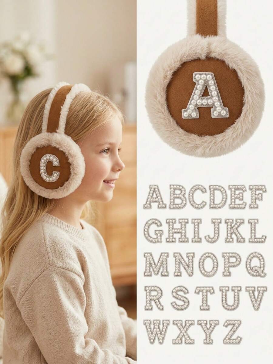 قطعة واحدة من أغطية الأذن السميكة المبطنة حرارياً للأطفال في الخريف/الشتاء، تصميم حرف إنجليزي مع لؤلؤ، دافئة ومقاومة للبرد - بني فاتح - مشاهدة 1
