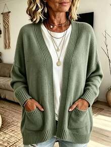 Women's Plus Size Green Knitted Cardigan With Pockets, Long Sleeve Drop Shoulder Rib-Knit Sweater For Fall/Winter Warmth - Mint Green - View 2