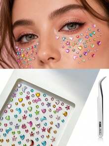 10/8/6/4/2pcs Rainbow Glitter Rhinestone Stickers, Self-Adhesive Rhinestone Design, Suitable For Makeup, Clothing, Valentine's Day, Holiday Party, Concert Makeup, Face Decoration, Halloween Costume - Multicolor - View 7