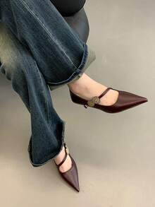 優雅基礎中性色 PU 皮革扣飾高跟鞋，適合戶外穿著 - 酒紅色 - 查看 3