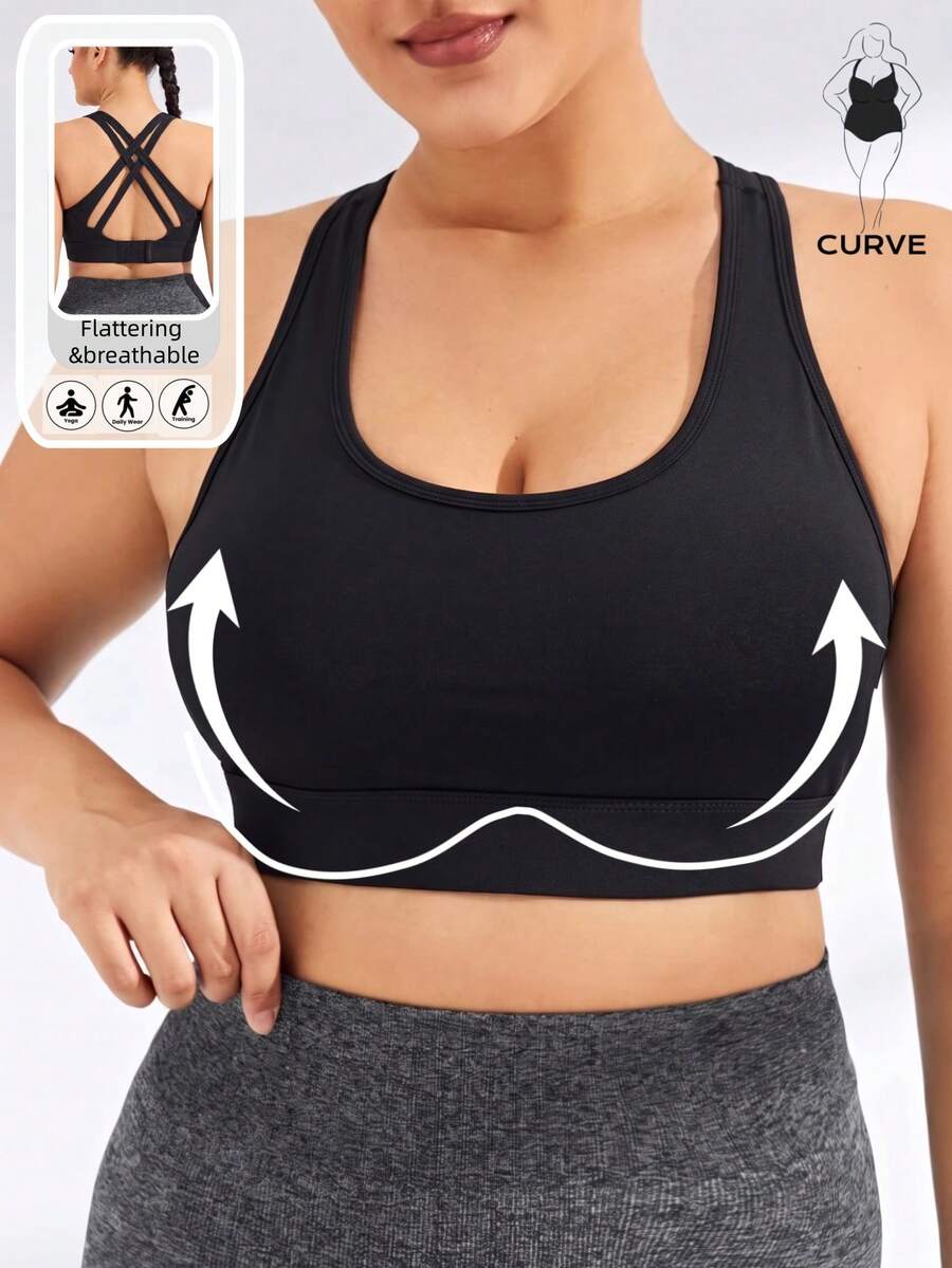 Plus Size Cross Back Sports Bra Autumn Winter Thermal Underwear Wireless Lift Support Bralette Gym Workout Crop Top Athletic Base Layer - Black - View 1