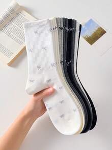 5 Pairs Women's Ankle Socks, White And Black Bow Mid-Calf Socks, Suitable For All Seasons Home Wear - Multicolor - View 5