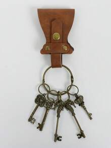 Medieval Vintage PU Leather Key Holder Set, Belt Pouch With Antique Skull Key, Halloween Renaissance Cosplay & Live Action Roleplay Costume Prop - A - View 2