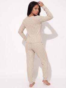 2pcs/Set Set Pakaian Santai Wanita Leher V dengan Manset untuk Musim Semi, Musim Panas, dan Musim Gugur, Set Piyama Rajut Bergaris Leher Bulat Longgar yang Elegan - Aprikot - View 2