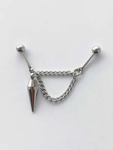 1Pc Double Chain Cone Pendant Floating Industrial Piercing Barbell Stainless Steel Earring Helix Piercing Ear Piercing Ear Stack Body Jewelry - Silver - View 2