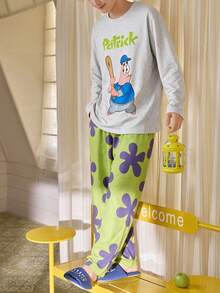 Gongdie SpongeBob SquarePants 2 Pieces SpongeBob Patrick Men's Pajama Set,Fall Gray Soft Cotton Loungewear With Pocket - Light Grey - View 9