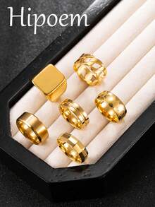 Hipoem 6pcs Fashion Stainless Steel Men's Ring Set With Large Square, Twisted, Football Elements, Suitable For Daily Wear, Dating, Halloween Party, Holiday Accessories - Gold - View 8
