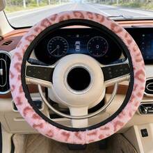 1pc Winter Warm Hand Faux Mink Fur Fabric Leopard Print Long Plush Steering Wheel Cover Without Inner Ring, Suitable For 14.5-15 Inch Car Interior Accessories - A - View 13