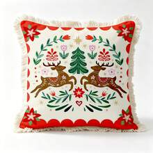 1PC Christmas Print Pillow Cover With Tassel Border, Double-Sided Decorative Pillowcase, Reindeer Flower Christmas Tree Pattern, Home Decoration, Sofa, Bed, Bedroom(Excluding Pillow Core)-Size Excludes 3cm Tassels - Multicolor - View 13