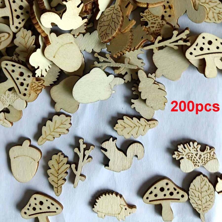 100/200pcs Mixed Pack Wooden Decorative Items, Leaf Mushroom Squirrel ...