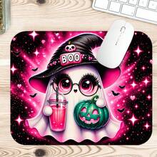 1pc Pink Halloween Ghost Witch Hat & Pumpkin Print Extended Mouse Pad, Shiny Galaxy Bat Keyboard Desk Mat, Cute Gothic Style Desktop Decor - View 6