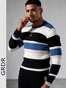 GRDR Men's Multi-Color Horizontal Ribbed Vertical Ribbed Knit Sweater, Autumn/Winter Retro Textured Contrast Color Crew Neck Casual Pullover - Blue - View 8