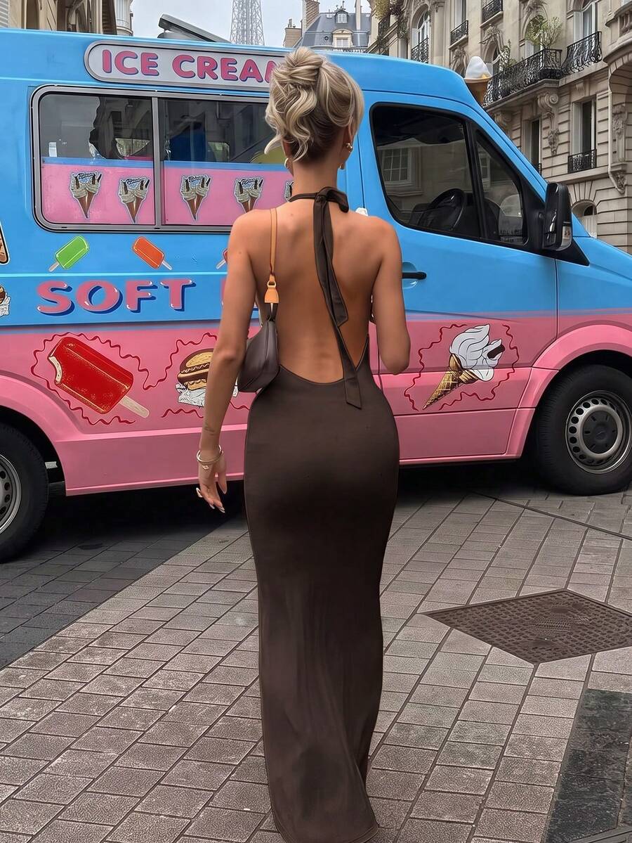 GLAMSKIN Women's Summer Solid Color Slim Fit Deep V Neck Ruffle Hem Backless Maxi Dress, Knit High Elastic Minimalist Elegant Sleeveless Long Dress - Brown - View 1