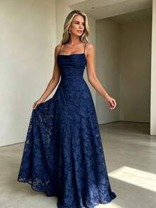 1pc Women's Solid Color French Elegant Spaghetti Strap High Waist Dress, Suitable For Party, Summer, Wedding, Autumn - Navy Blue - View 3