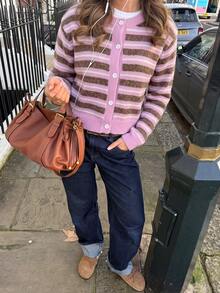 Women's Pink Striped Button-Front Long Sleeve Cardigan - Pink - View 2
