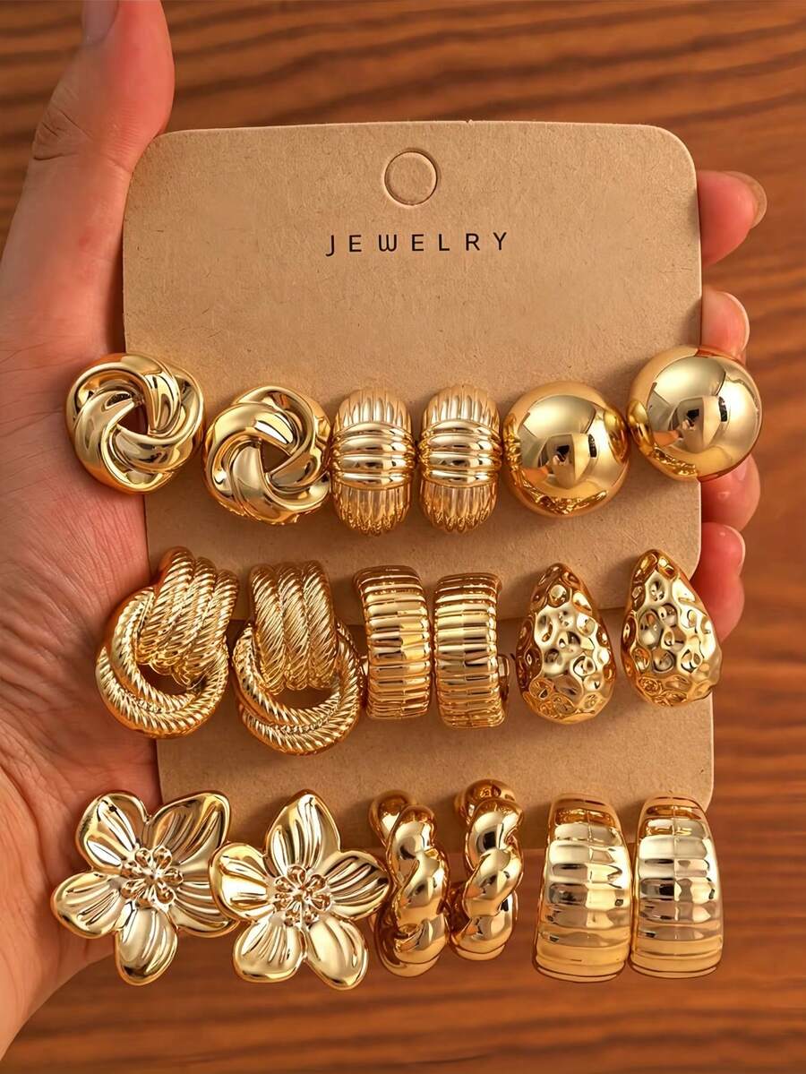 6-18pcs Multi-Element Women's Gold Stud Earrings Set, Fashionable & Personalized, Enhance Charm, Versatile For Daily Wear And Parties - Gold - View 1