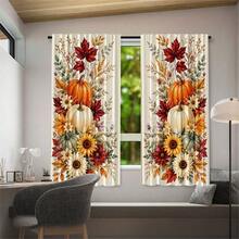 2pcs Three-Color Pumpkin & Floral Pattern Semi-Sheer Bedroom Curtains, 90GSM Polyester Semi-Transparent Privacy Protection, Mori Style Living Room Curtains, Kitchen Curtains, Suitable For Home, Room, Kitchen Partition Or Decoration, Rod Pocket Design Easy Installation, Quick Dry Water-Resistant Non-Fading, Lightweight Removable Washable Curtains - Multicolor - View 11