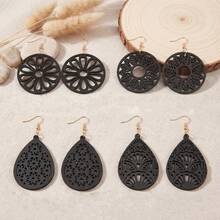 4 Pairs Vintage Fashion Hollow Floral Wooden Earrings Set - Earrings - View 5