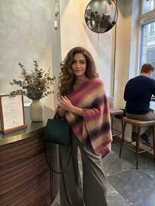 FOR BEAUTY Autumn/Winter French Elegant Multi-Color Gradient Asymmetric Shawl Knit Sweater Top Women's Vacation Street Style Outerwear - Multicolor - View 1