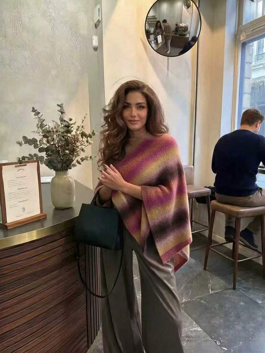 FOR BEAUTY Autumn/Winter French Elegant Multi-Color Gradient Asymmetric Shawl Knit Sweater Top Women's Vacation Street Style Outerwear - Multicolor - View 1