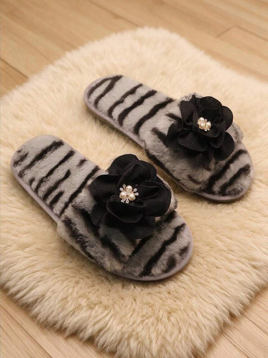 Women's Fuzzy Slippers, Autumn/Winter 2026 New Fashion Pearl Flower Decor Home One-Strap Thermal Slippers - Grey - View 1