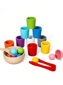 1 pieza Juguete de taza con bola arcoíris, juego de emparejamiento de madera para preescolar, aprendizaje de clasificación de colores y conteo - Multicolor - Ver 5