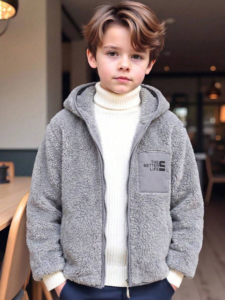 Boys' Casual Fashion Hooded Zip-Up Fleece Jacket, Winter - Grey - View 1